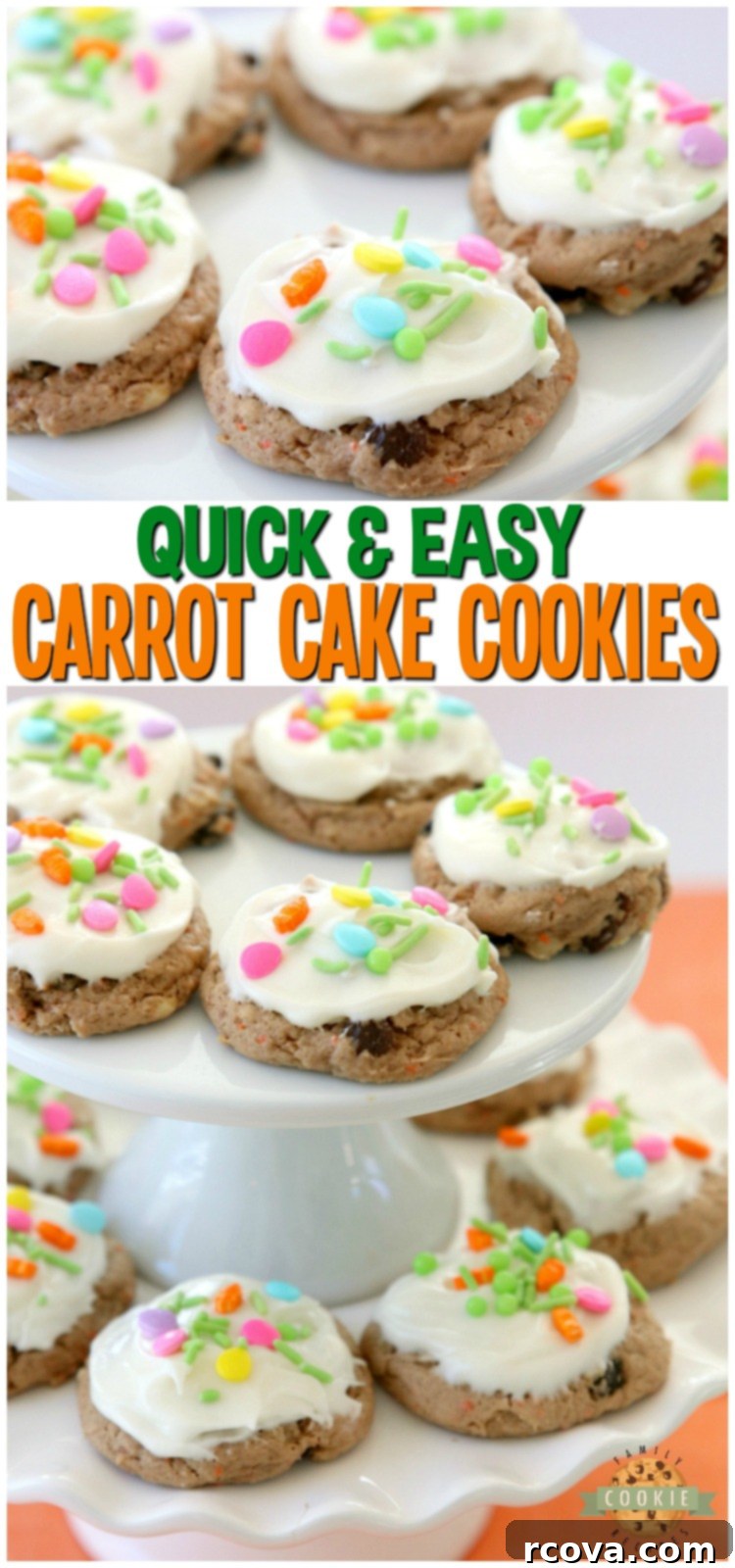 Silent Carrot Delights 12 Pinterest graphic for Carrot Cake Cookies recipe from Family Cookie Recipes.