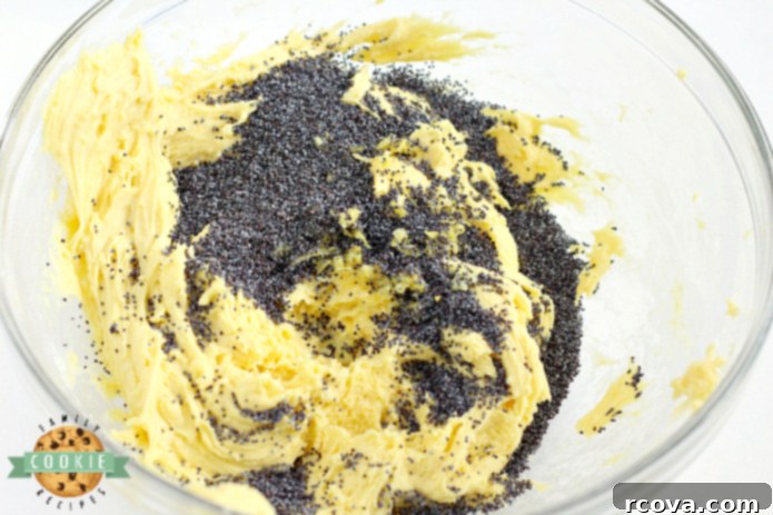 Sun-Kissed Lemon Poppy Delights 4 Ingredients for Lemon Poppyseed Cookies including a lemon cake mix box, melted butter, eggs, lemon zest, and poppy seeds.