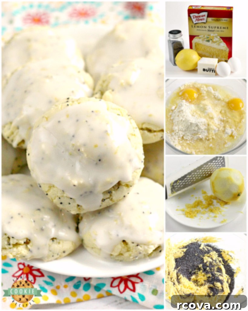 Sun-Kissed Lemon Poppy Delights 5 A stack of freshly glazed Lemon Poppyseed Cookies, showcasing their delicate texture and bright yellow glaze.