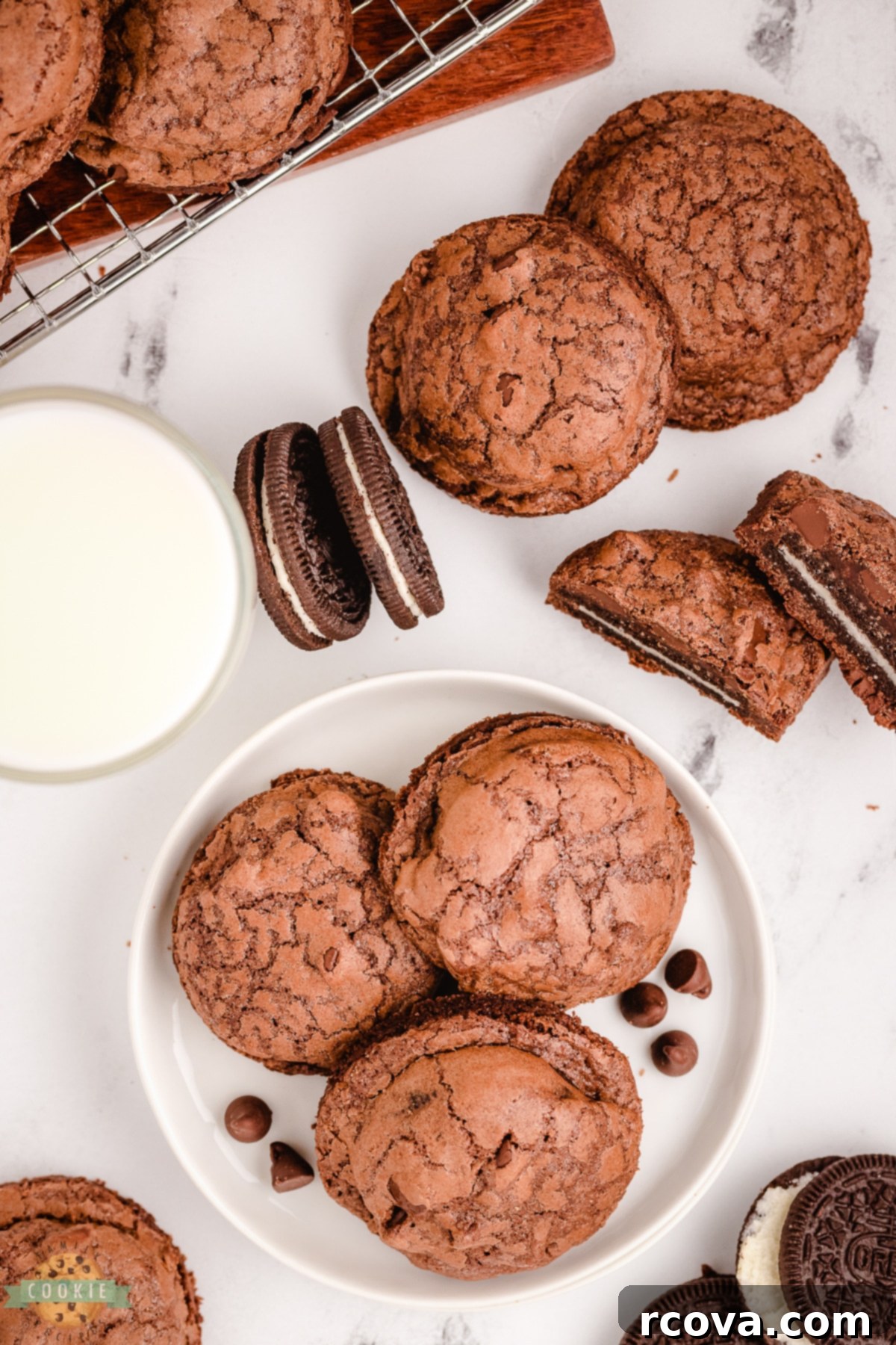 Decadent Oreo-Stuffed Brownie Cookies 4 chocolate brownie cookies with Oreos baked inside