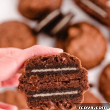 Decadent Oreo-Stuffed Brownie Cookies 8 chocolate brownie cookies with Oreos stuffed inside