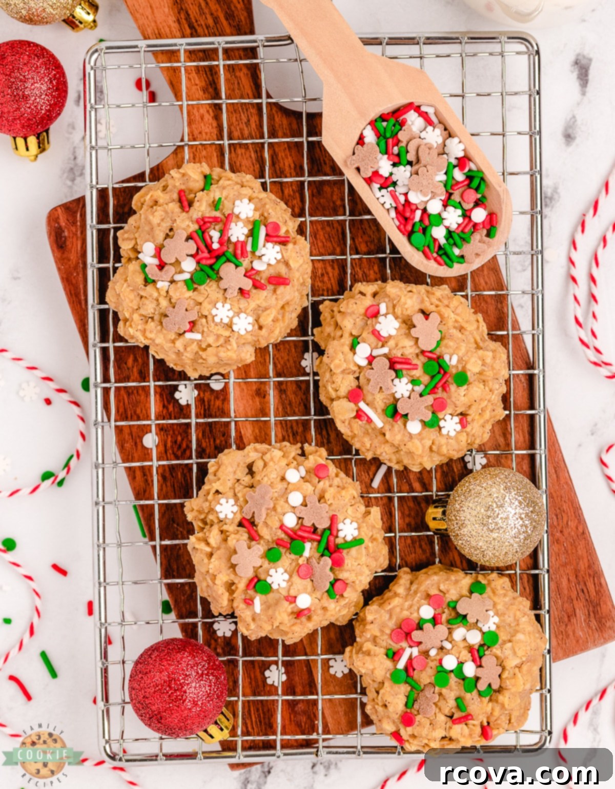 Oven Free Gingerbread Joy 3 Festive no bake gingerbread cookies adorned with Christmas sprinkles on top