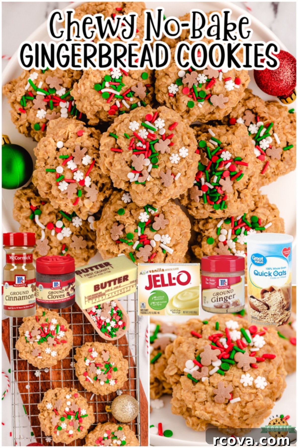 Oven Free Gingerbread Joy 8 No Bake Gingerbread Cookies made easy with pudding mix, molasses, oats & a blend of warm spices to give these cookies the perfect gingerbread flavor!