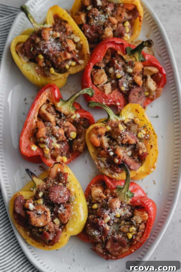 Savory Bell Peppers Filled with Gluten-Free Jambalaya 2 jambalaya-stuffed peppers, ready to be served