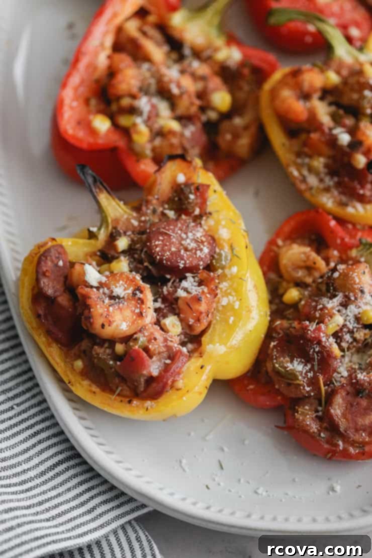 Savory Bell Peppers Filled with Gluten-Free Jambalaya 3 close-up of cooked jambalaya stuffed peppers