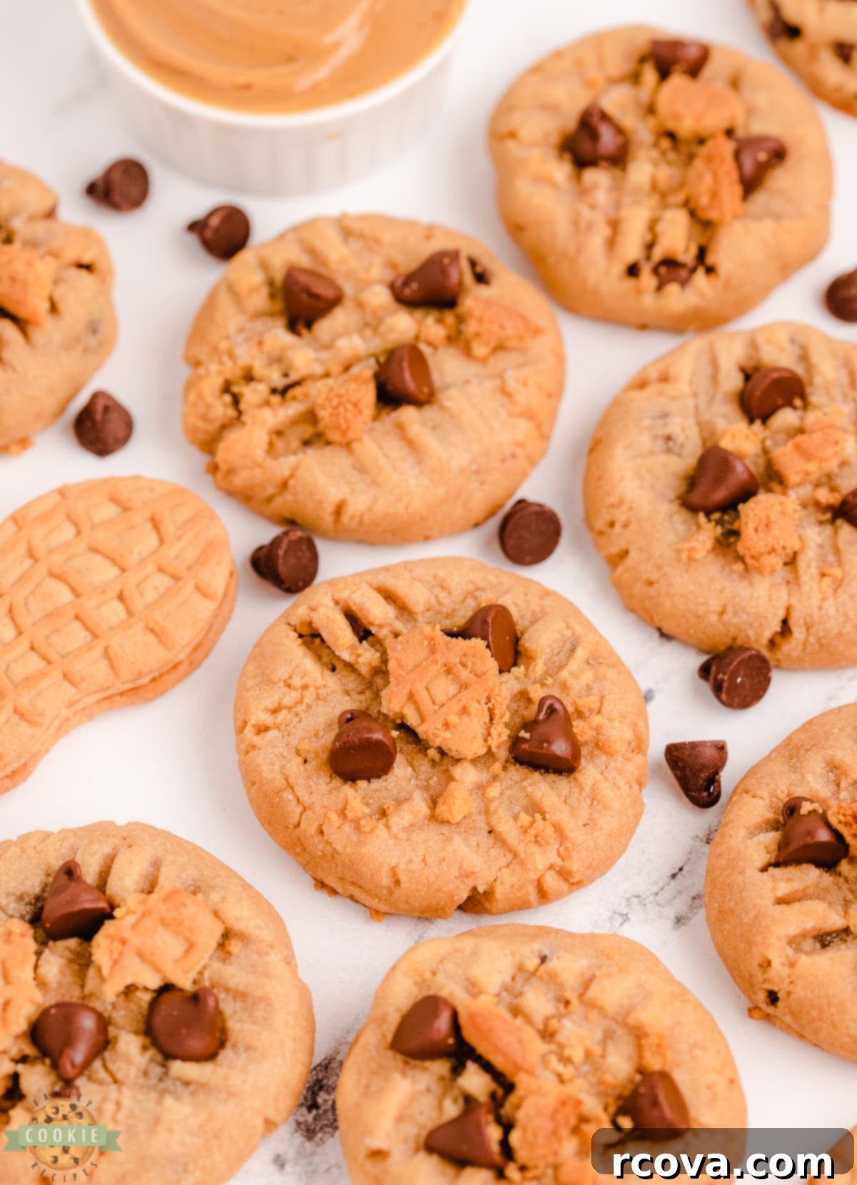 Ultimate Nutter Butter Chocolate Chip Peanut Butter Cookies 3 A stack of freshly baked Nutter Butter Chocolate Chip Peanut Butter Cookies with visible Nutter Butter pieces and melted chocolate chips