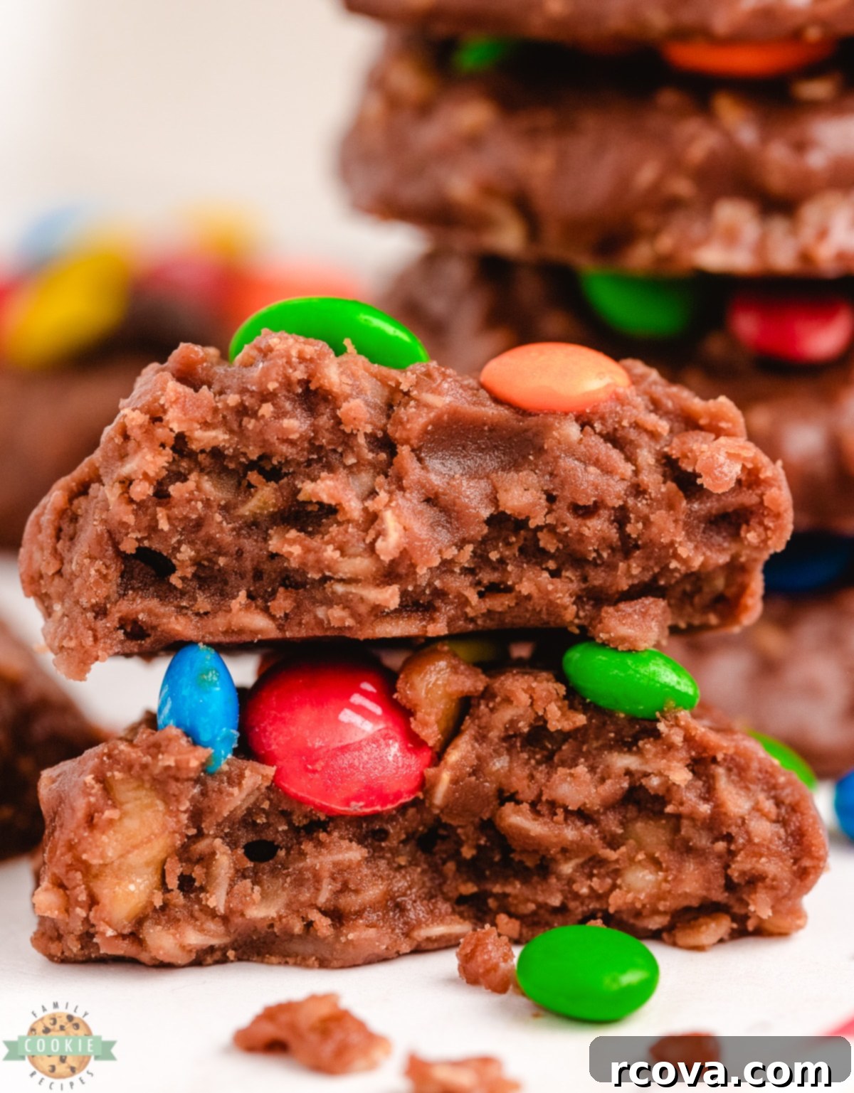 No-Bake M&M's Cookies 4 stack of M&M no bake cookies broken in half