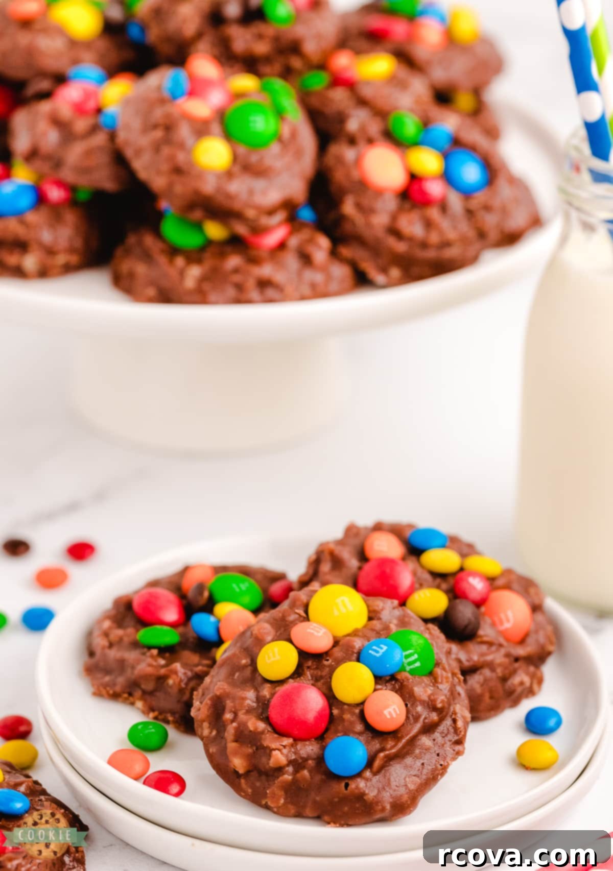 No-Bake M&M's Cookies 5 no bake cookies on a white plate