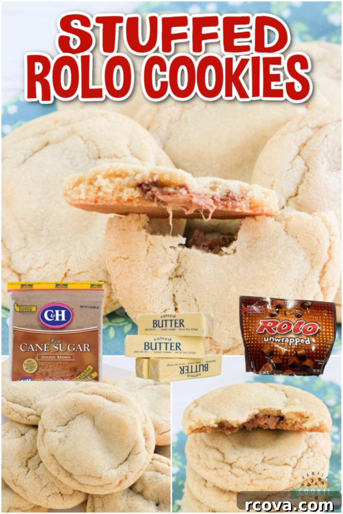 Caramel Lava Rolo Cookies 6 Stuffed Rolo Cookies are soft and chewy, with a melted Rolo candy in the center, photographed beautifully.