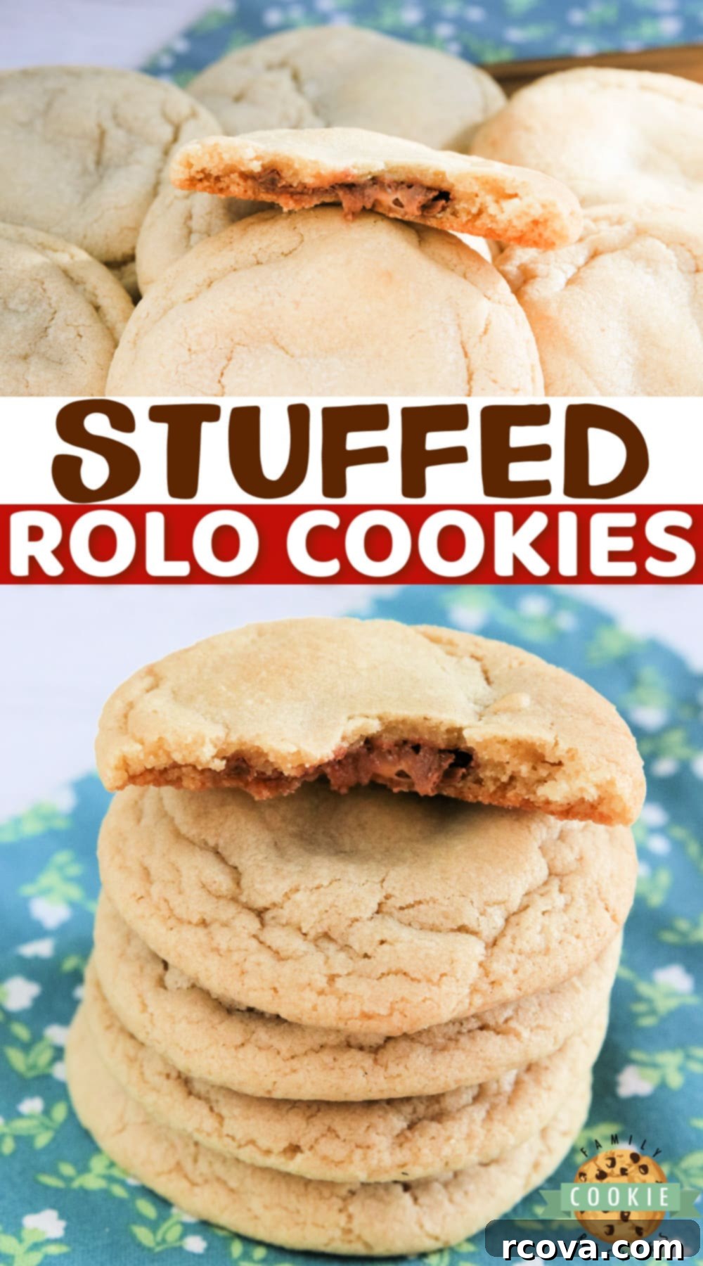 Caramel Lava Rolo Cookies 10 A close-up shot of a freshly baked Stuffed Rolo Cookie, highlighting the gooey center.