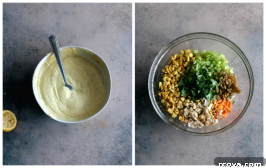 Fast and Flavorful Curried Chicken Salad 6 Preparing the curry dressing in a bowl, showcasing the creamy consistency and rich color