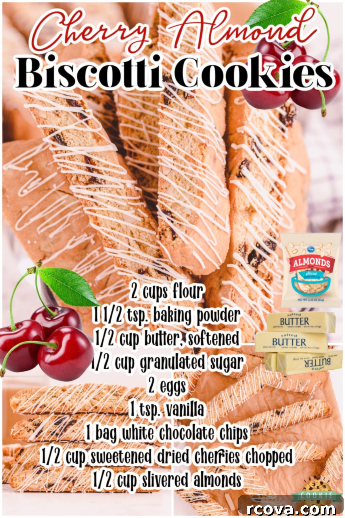 Double-Baked Cherry Delights 11 Homemade cherry almond biscotti with white chocolate drizzle, ready to serve
