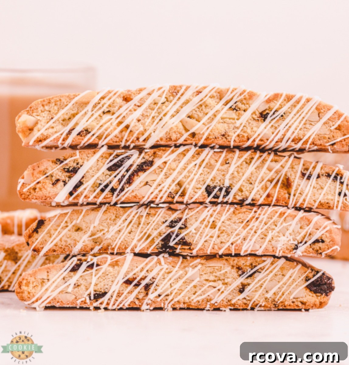 Double-Baked Cherry Delights 3 A stack of four perfectly baked cherry almond biscotti cookies