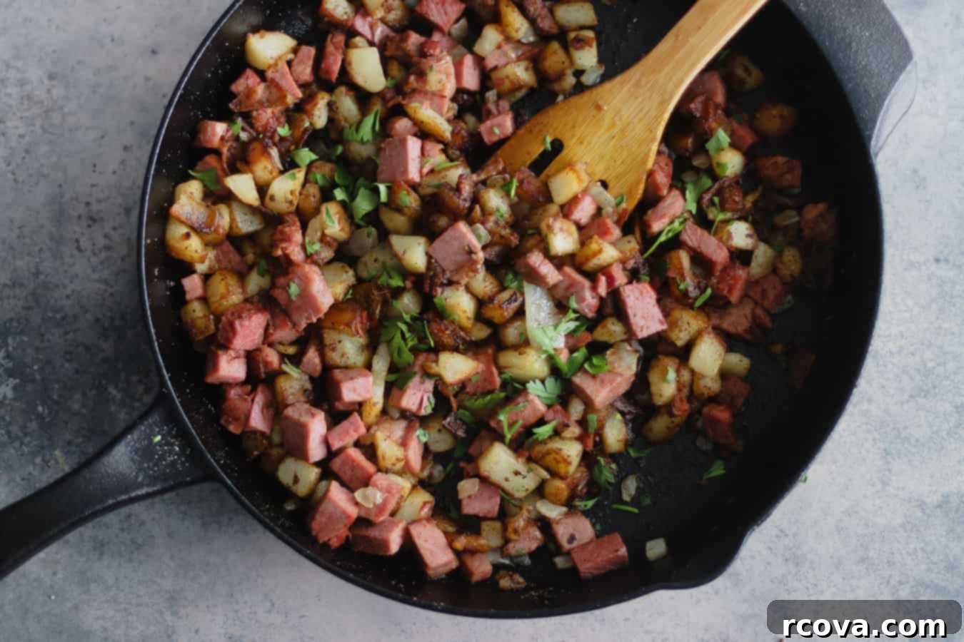 Crispy Skillet Corned Beef Hash 4 Close-up of crispy homemade corned beef hash with fresh parsley