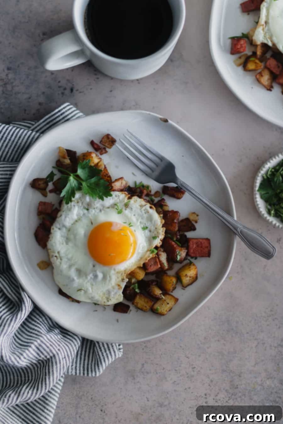Crispy Skillet Corned Beef Hash 5 Whole30 compliant homemade corned beef hash served with eggs