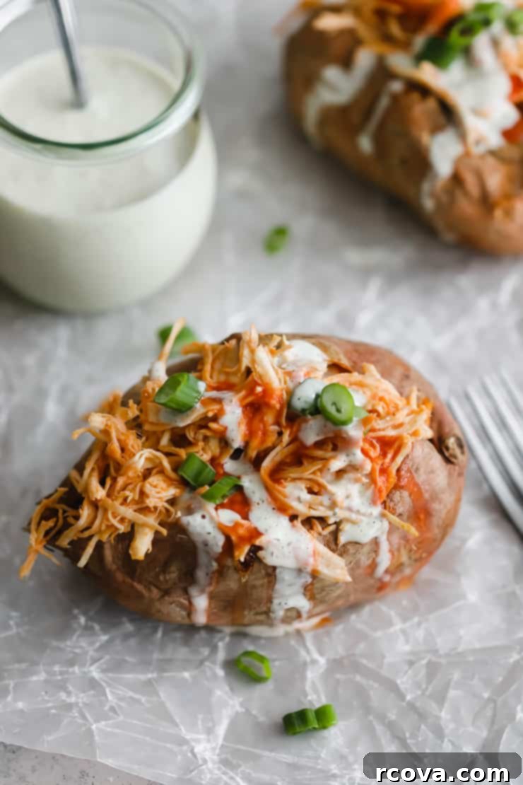 Whole30 Buffalo Chicken Loaded Sweet Potatoes 3 Healthy Buffalo Chicken Stuffed Sweet Potatoes with fresh toppings