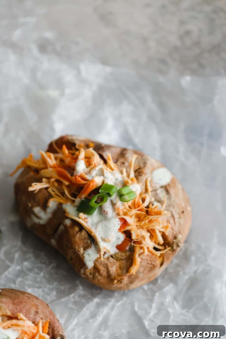 Whole30 Buffalo Chicken Loaded Sweet Potatoes 6 Stuffed sweet potato with Buffalo chicken and dairy-free ranch