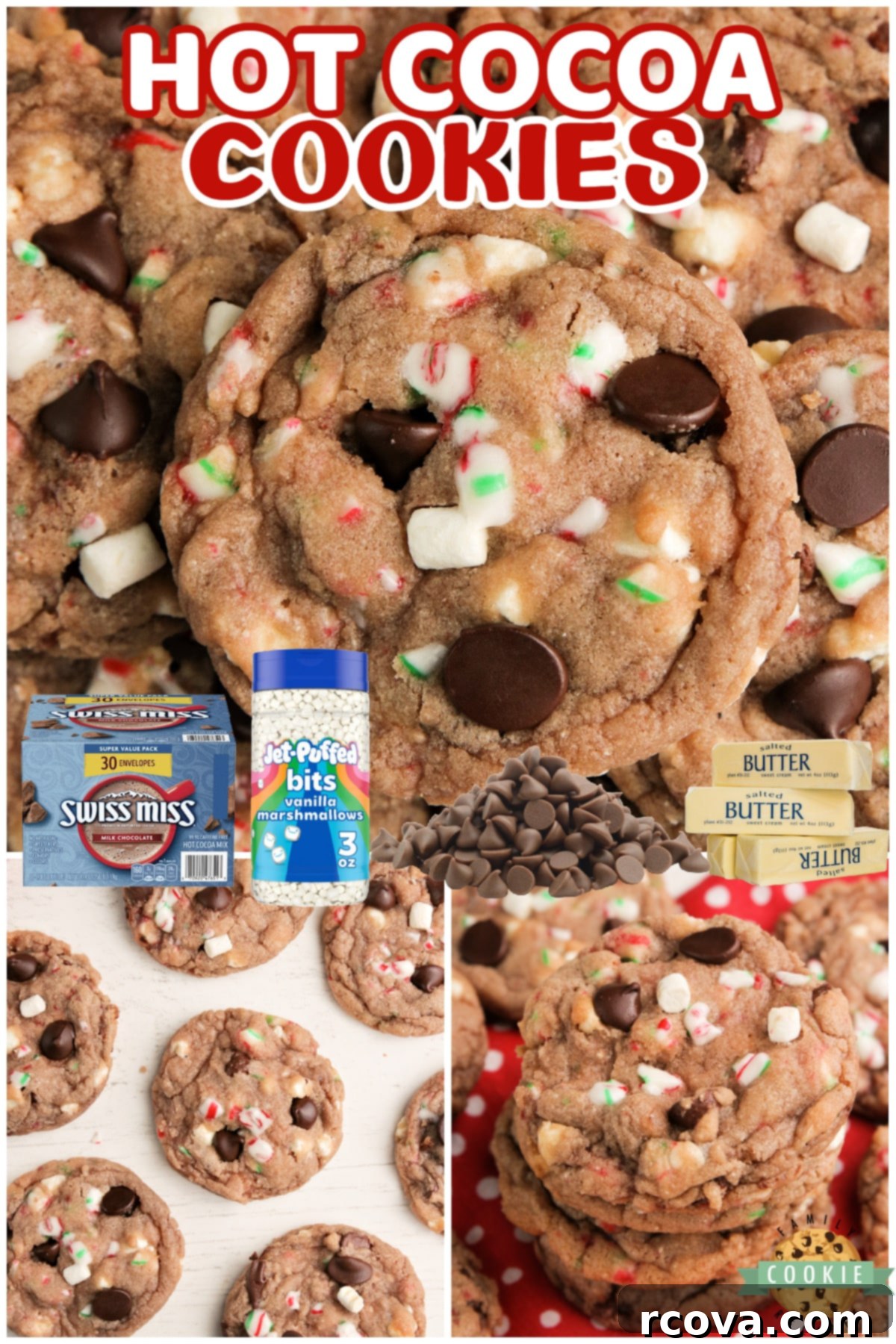 Cozy Cocoa Delights 5 Hot Cocoa Cookies made with hot cocoa mix, chocolate chips, crushed candy canes and marshmallow bits. These hot chocolate cookies are simple to make and have all the flavors of a cup of your favorite hot cocoa!