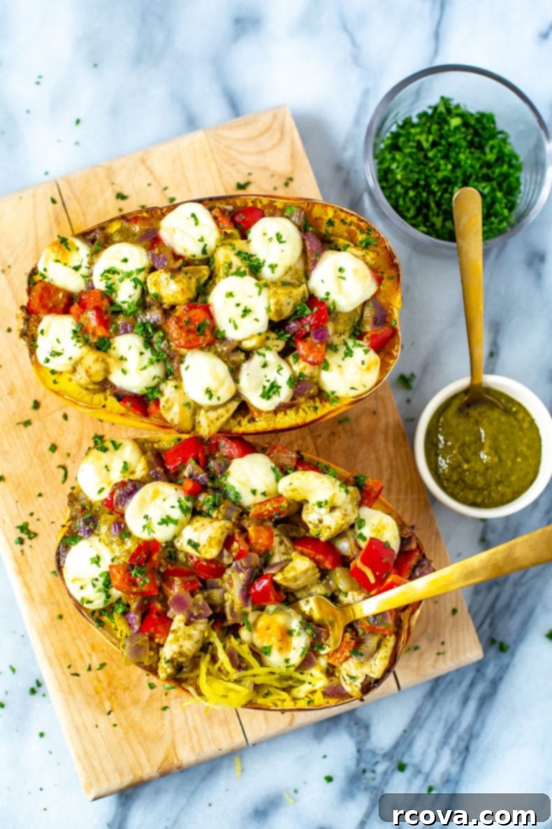 Savory Pesto Chicken Spaghetti Squash 2 Flavorful Chicken Pesto Spaghetti Squash Dinner
