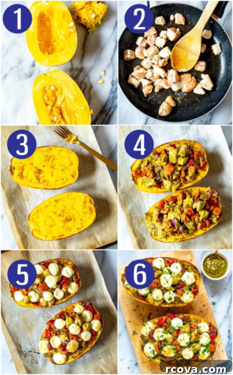 Savory Pesto Chicken Spaghetti Squash 5 Ready-to-serve Chicken Pesto Spaghetti Squash in its shell