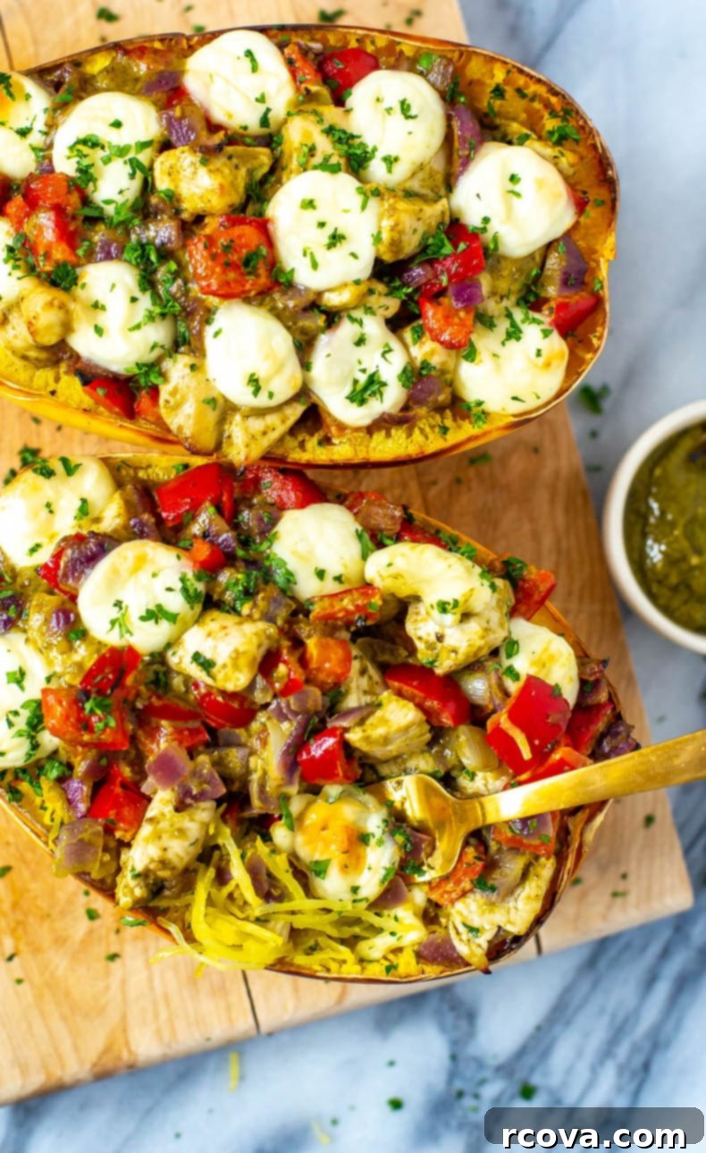 Savory Pesto Chicken Spaghetti Squash 6 Roasted spaghetti squash halves ready for stuffing