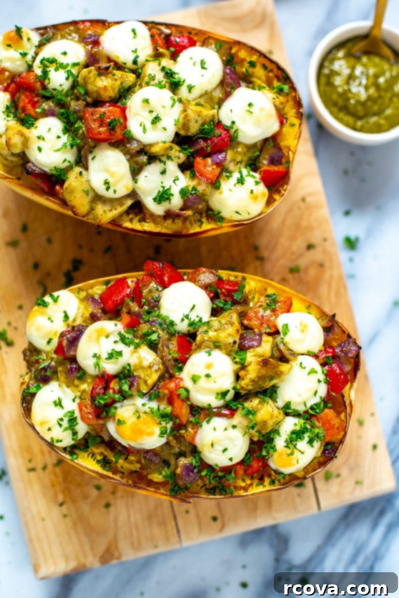 Savory Pesto Chicken Spaghetti Squash 7 Close-up of golden brown chicken pesto spaghetti squash
