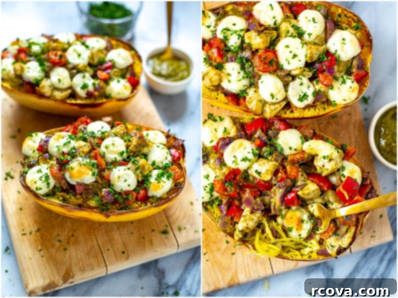 Savory Pesto Chicken Spaghetti Squash 8 Two halves of chicken pesto spaghetti squash