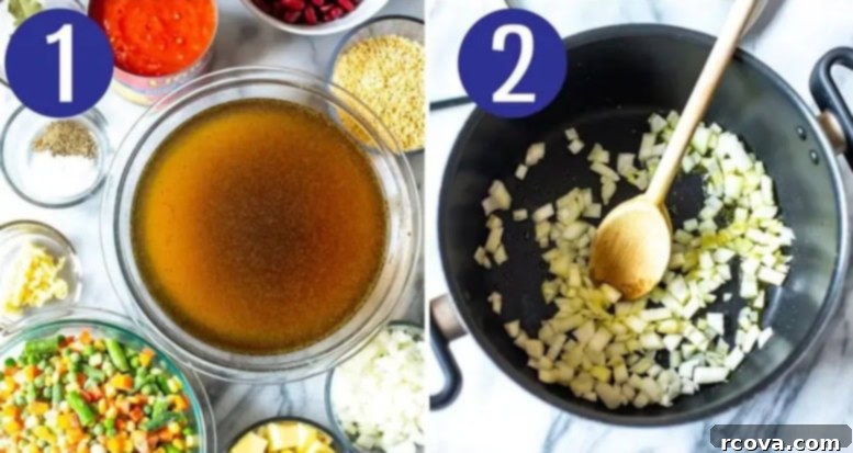 Alphabet Garden Soup 5 Collage showing step 1 and 2: rinsing potatoes and sautéing onions and garlic for alphabet soup