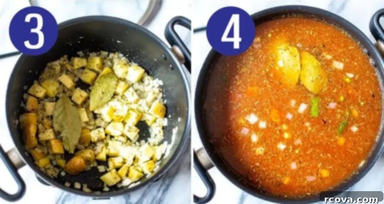 Alphabet Garden Soup 6 Collage showing step 3 and 4: adding seasonings and remaining ingredients to the soup pot