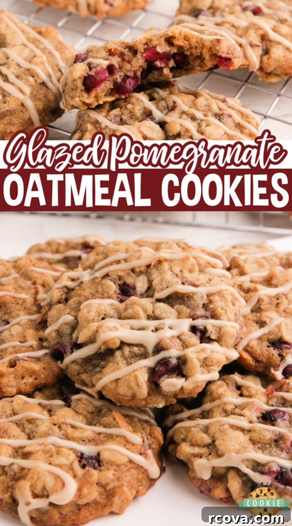 Ruby Glazed Pomegranate Oat Treats 14 A close-up shot of a single glazed pomegranate oatmeal cookie with visible pomegranate seeds and pecans.