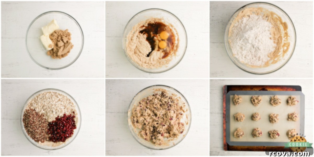 Ruby Glazed Pomegranate Oat Treats 6 Collage of step-by-step images showing the process of making Glazed Pomegranate Oatmeal Cookies, from mixing to baking and glazing.