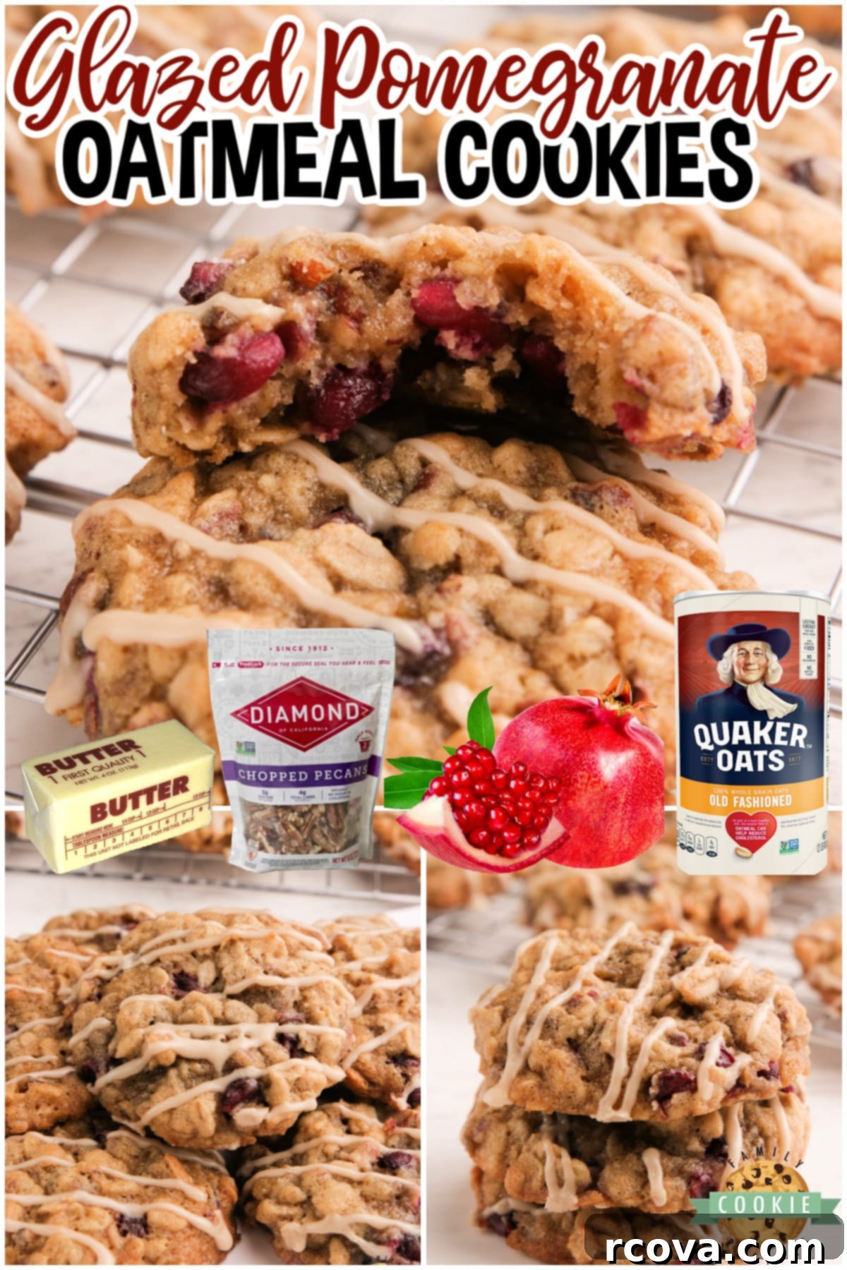 Ruby Glazed Pomegranate Oat Treats 7 Glazed Pomegranate Oatmeal Cookies arranged on a serving plate, highlighting the beautiful glaze and festive look.