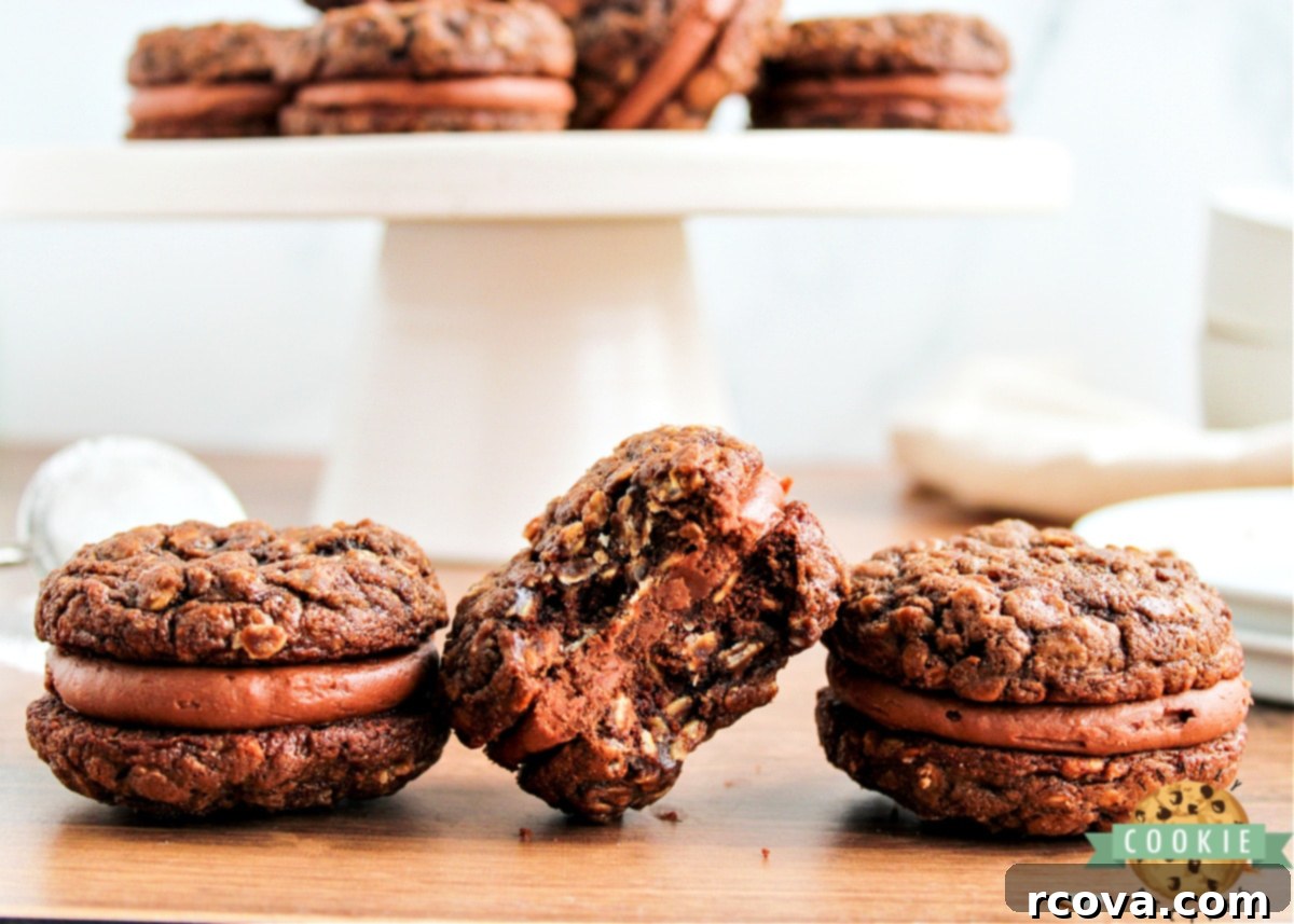 Velvet Chocolate Oatmeal Cream Pies 11 Close-up of a stack of chocolate oatmeal cookie sandwiches on a white plate
