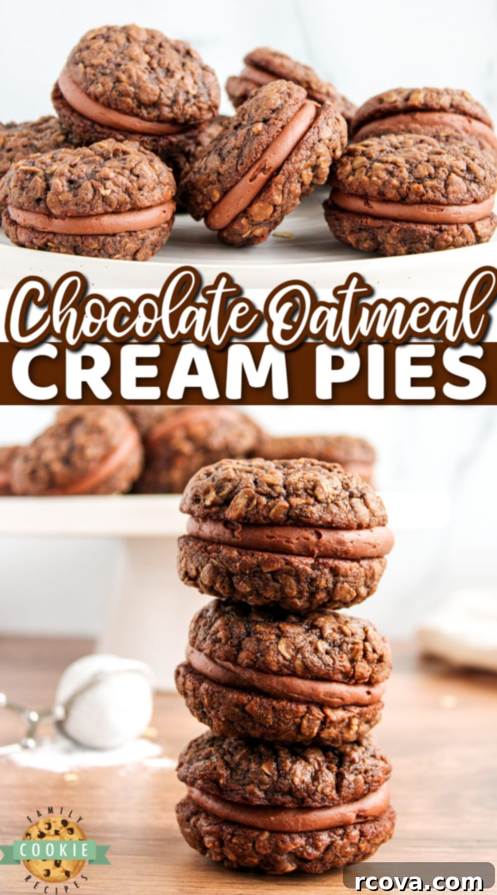 Velvet Chocolate Oatmeal Cream Pies 17 A close-up of a perfectly assembled Chocolate Oatmeal Cream Pie with a rich chocolate filling