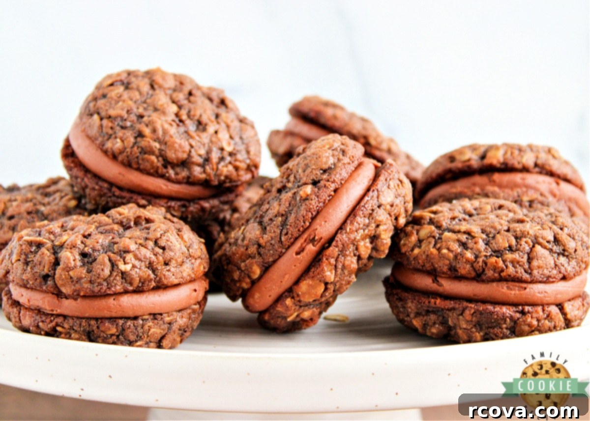 Velvet Chocolate Oatmeal Cream Pies 3 A close-up of a homemade Chocolate Oatmeal Cream Pie with a bite taken out, revealing the soft cookie and creamy filling