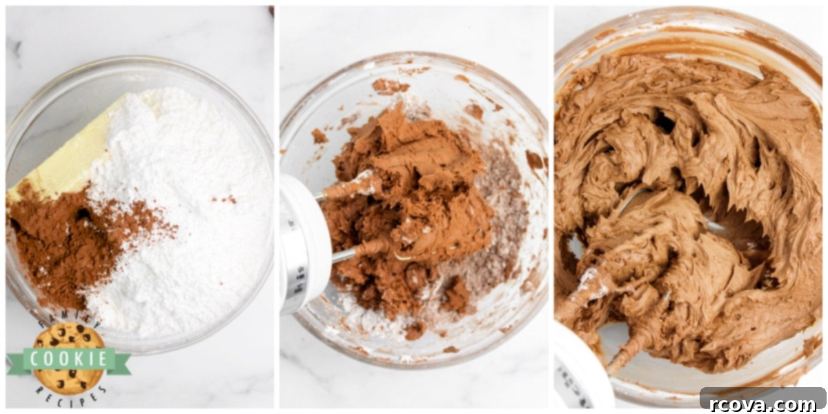 Velvet Chocolate Oatmeal Cream Pies 7 Ingredients for chocolate buttercream frosting being mixed in a bowl