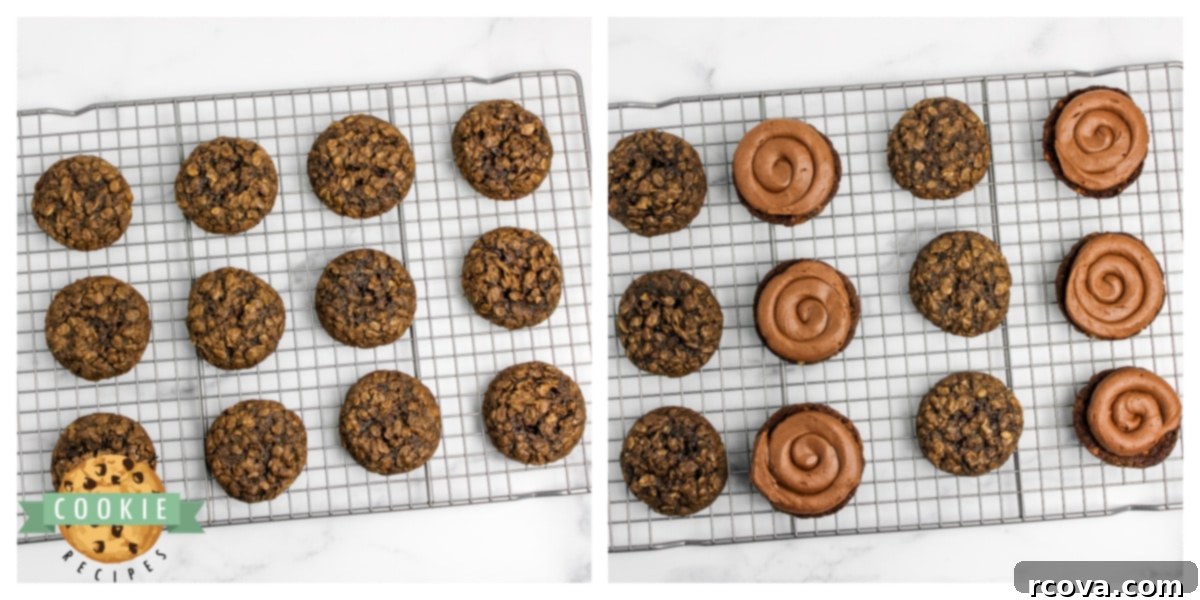 Velvet Chocolate Oatmeal Cream Pies 8 A chocolate oatmeal cookie being frosted with chocolate buttercream to create a sandwich