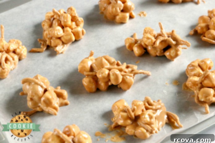 Gooey Peanut Butter Marshmallow No-Bake Bites 6 A close-up of individual Marshmallow Peanut Butter No Bake Cookies freshly scooped onto wax paper, showcasing their appealing uneven textures and readiness for cooling.