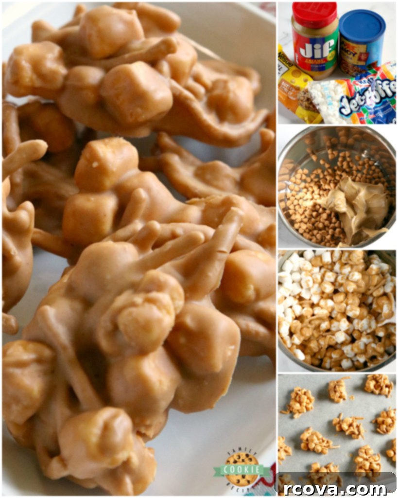 Gooey Peanut Butter Marshmallow No-Bake Bites 7 An overhead shot of several Marshmallow Peanut Butter No Bake Cookies on a plain background, highlighting their rich color and intricate textures.