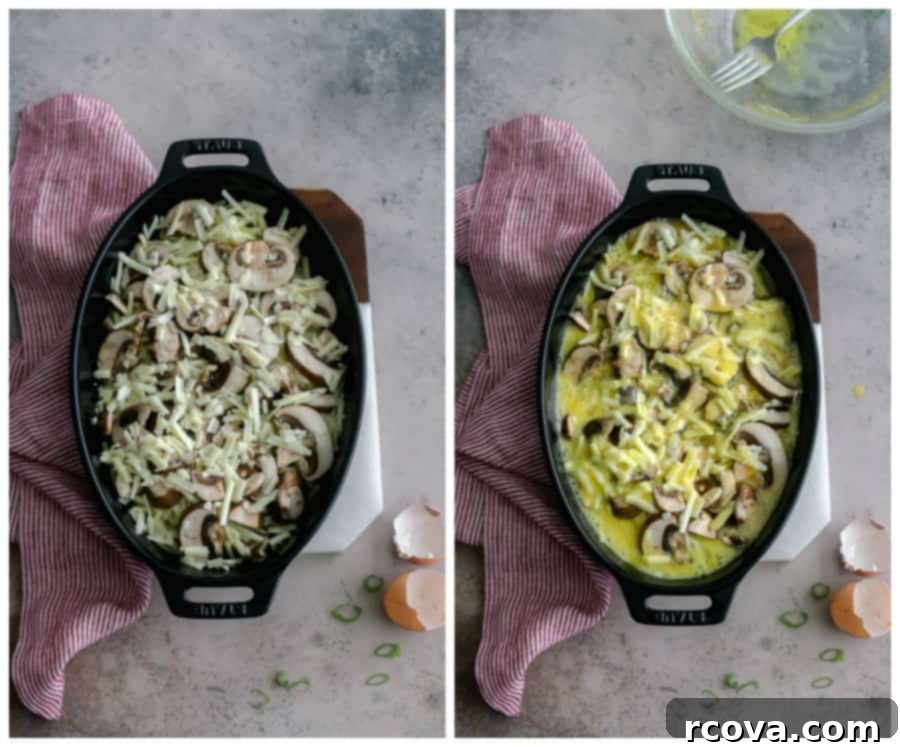 Golden Cheesy Sausage Mushroom Bake 3 how to layer this casserole with perfect ease