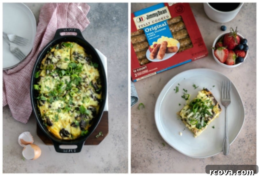 Golden Cheesy Sausage Mushroom Bake 5 Cheesy Sausage and Mushroom Breakfast Casserole with a slice removed