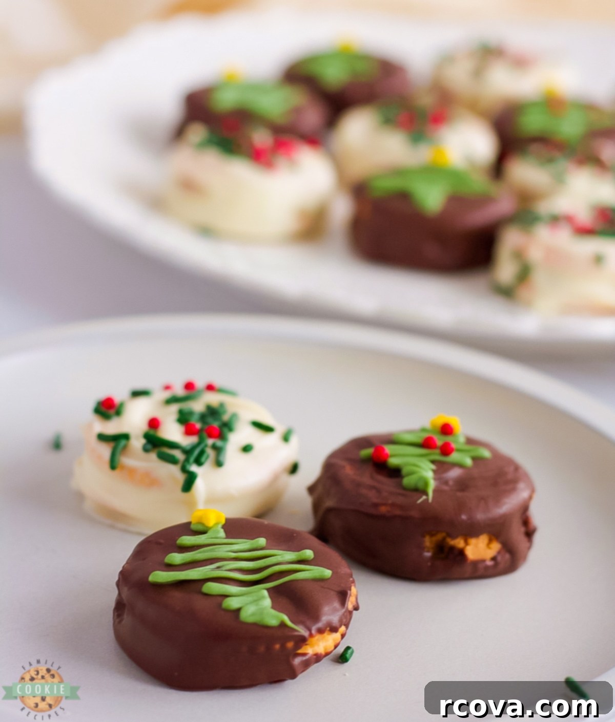 Crispy Chocolate Ritz Cookies 10 A festive display of homemade Ritz cookies on a white plate, some plain, some chocolate-dipped, highlighting their versatility.