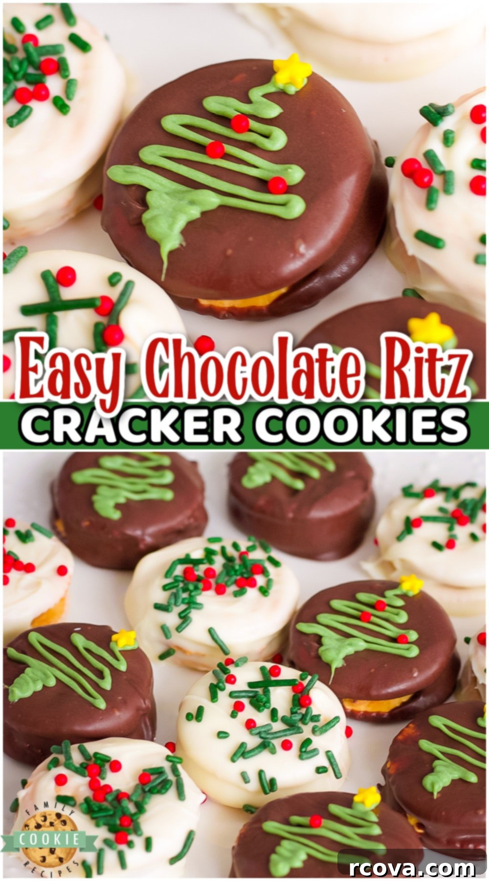 Crispy Chocolate Ritz Cookies 11 Pinterest-optimized image of chocolate Ritz cracker cookies, highlighting their simple appeal and festive decoration, perfect for holiday gatherings.