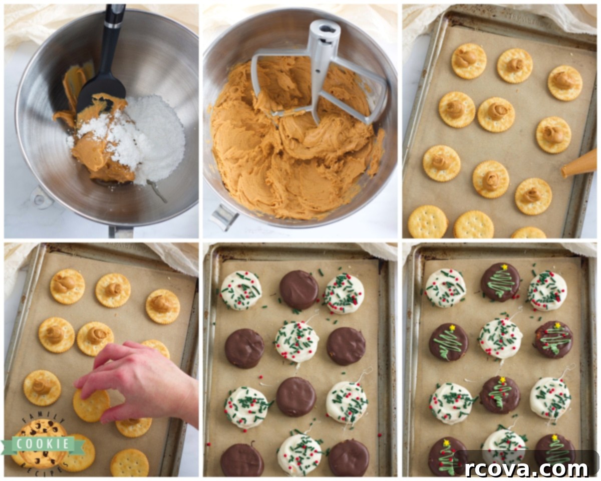 Crispy Chocolate Ritz Cookies 5 Step-by-step image showing how to make chocolate covered Ritz cookies, including the dipping process.