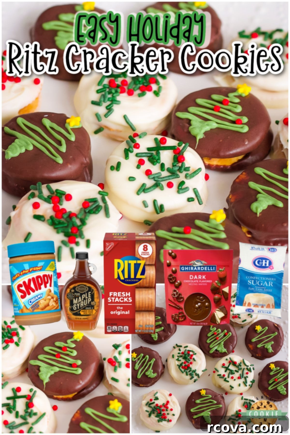 Crispy Chocolate Ritz Cookies 8 Assortment of chocolate Ritz cracker cookies on a white plate, showcasing festive sprinkles and decorations, perfect for holiday gatherings.