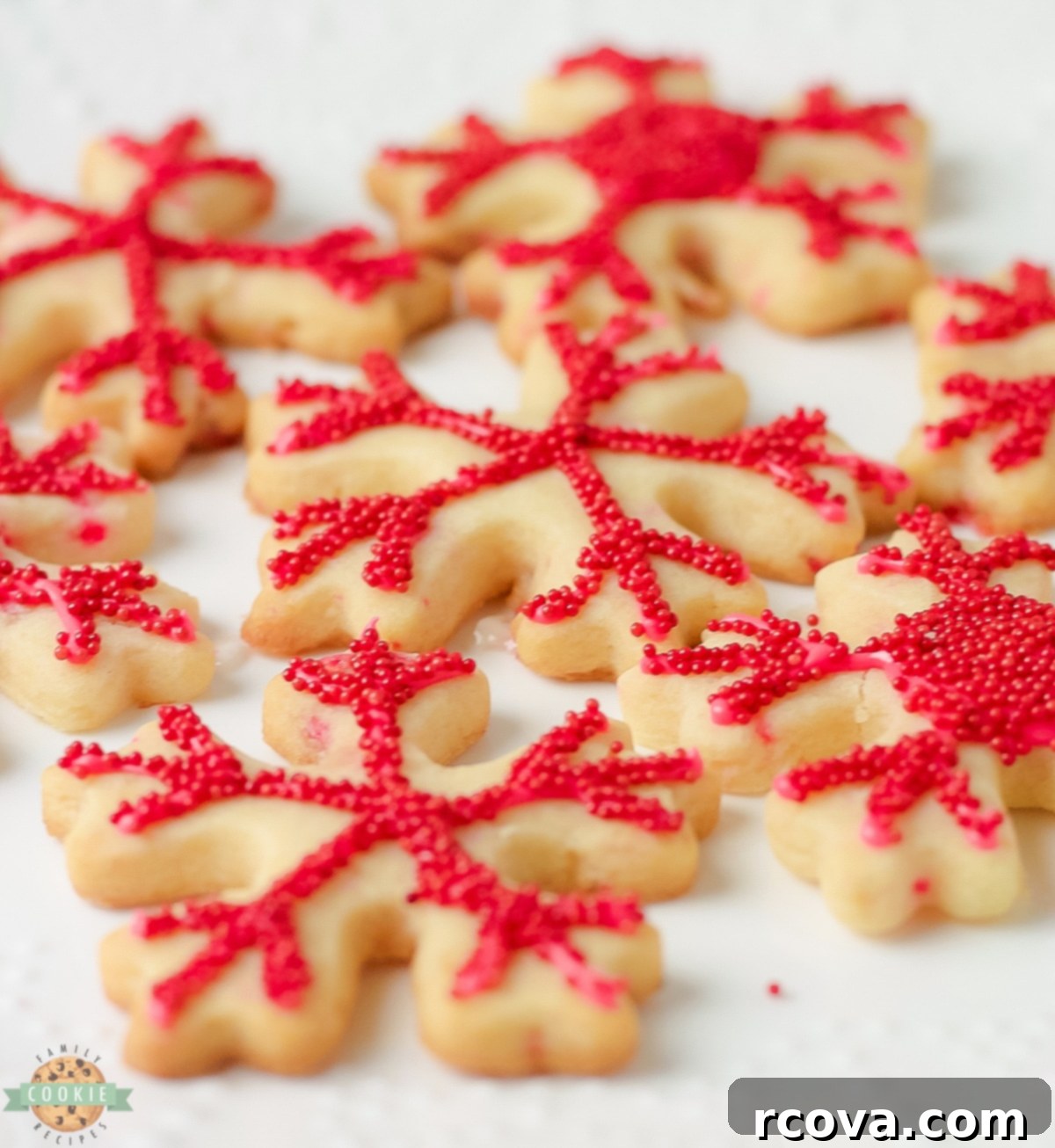 Peppermint Holiday Cookie Designs 2 red snowflake cookies