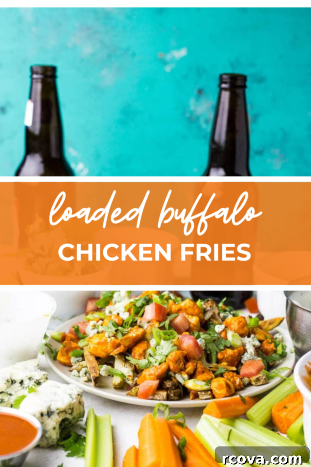 Fiery Buffalo Loaded Fries 13 head on shot of plated dish with orange banner reading "loaded buffalo chicken fries"