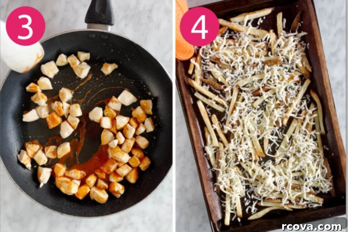 Fiery Buffalo Loaded Fries 6 Steps 3 and 4 for making loaded buffalo chicken fries: add buffalo sauce to chicken, then add mozzarella to cooked fries.