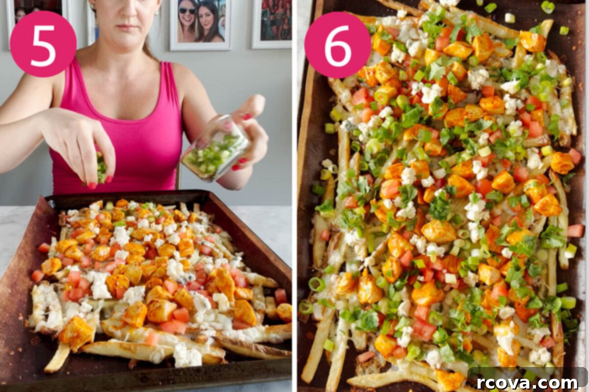 Fiery Buffalo Loaded Fries 7 Steps 5 and 6 for making loaded buffalo chicken fries: add toppings onto fries then serve and enjoy!