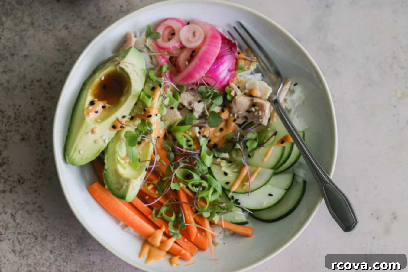 Effortless Canned Tuna Roll Bowl 4 Overhead shot of a delicious Tuna Bowl Roll, ready to be enjoyed.